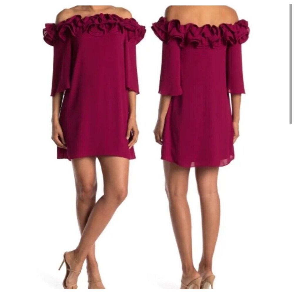 Halston Heritage Women’s 2 Dress Flowy Mini Off The Shoulder Ruffle Trim Pink